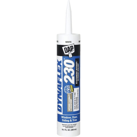 DAP Dynaflex 230 white sealant tube ready for precise dispensing and clean application.