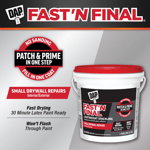 DAP Fast'N Final spackling being applied to a wall hole for quick patching.