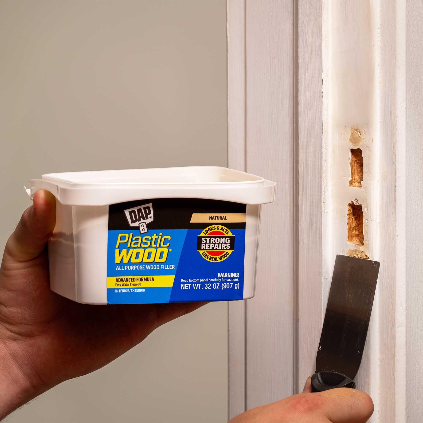 DAP Plastic Wood Filler dries quickly for faster repairs.