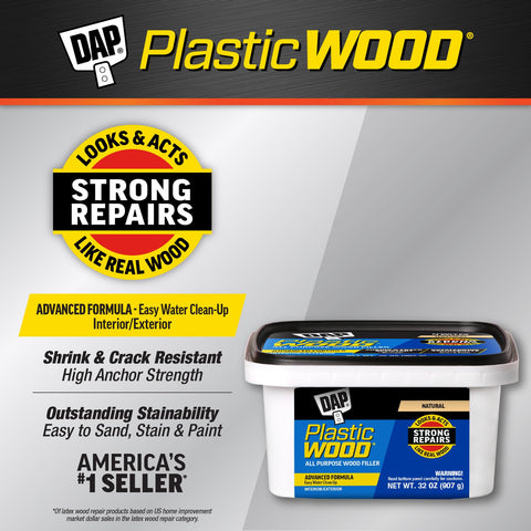 DAP Plastic Wood Filler knife-grade texture fill, ideal for shaping.