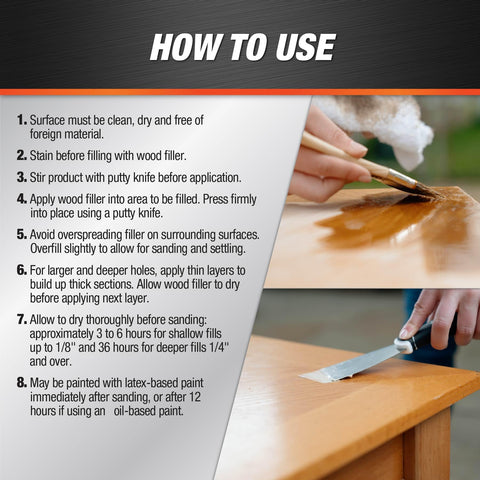 DAP Plastic Wood Filler wood surface repair, blends with surrounding grain.