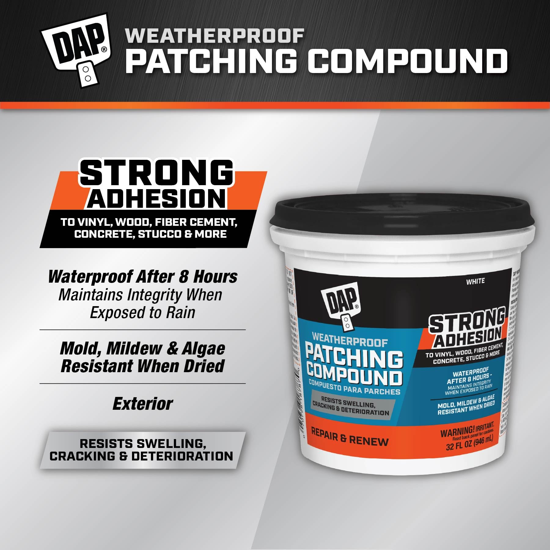 DAP Weatherproof Patching Compound application smoothing tool aids seamless exterior finishes.