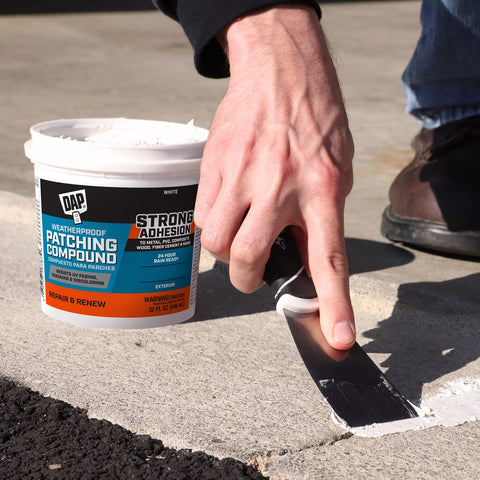 DAP Weatherproof Patching Compound adheres to multi-material surfaces for exterior siding and masonry.