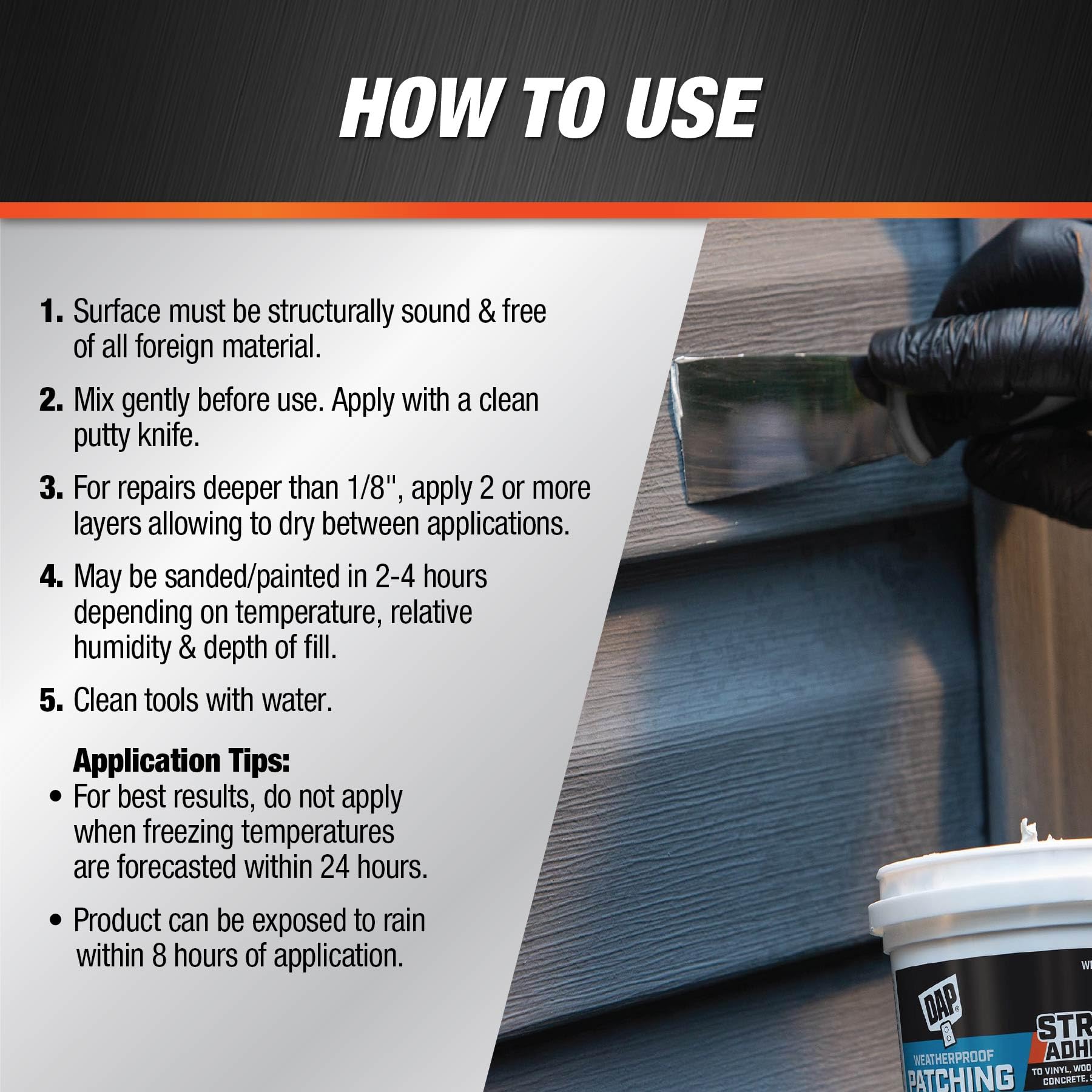 DAP Weatherproof Patching Compound sandable and paintable finish for smooth patches.