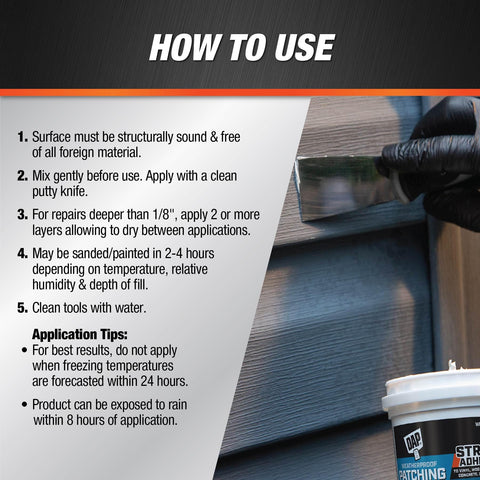 DAP Weatherproof Patching Compound sandable and paintable finish for smooth patches.