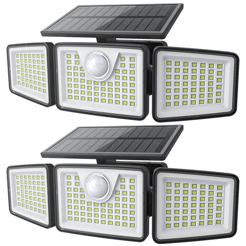 Daphino 3-head solar light with motion sensor activates at dusk for entryway safety.