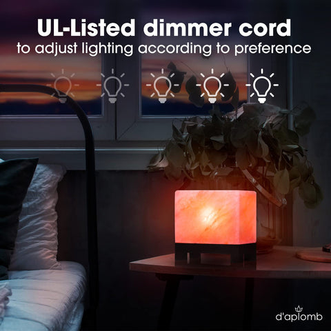 d'aplomb salt lamp with dimmer cord for adjustable mood lighting.