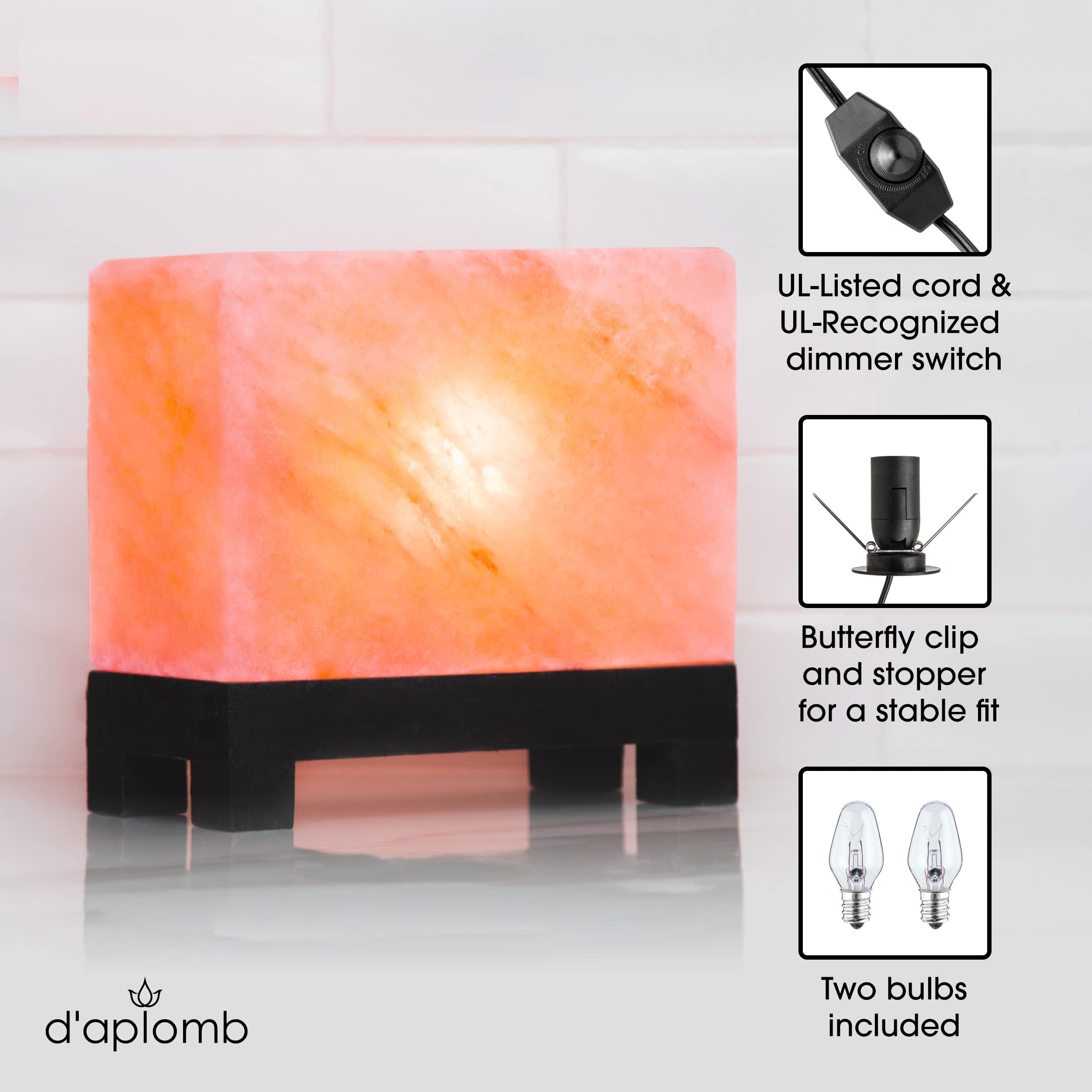 d'aplomb salt lamp front view shows modern rectangular silhouette.