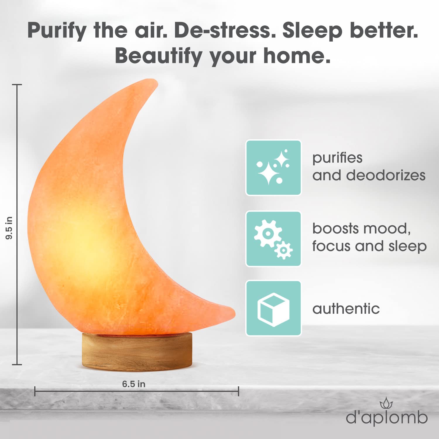d'aplomb moon pink crystal salt lamp enhances cozy decor and focus.