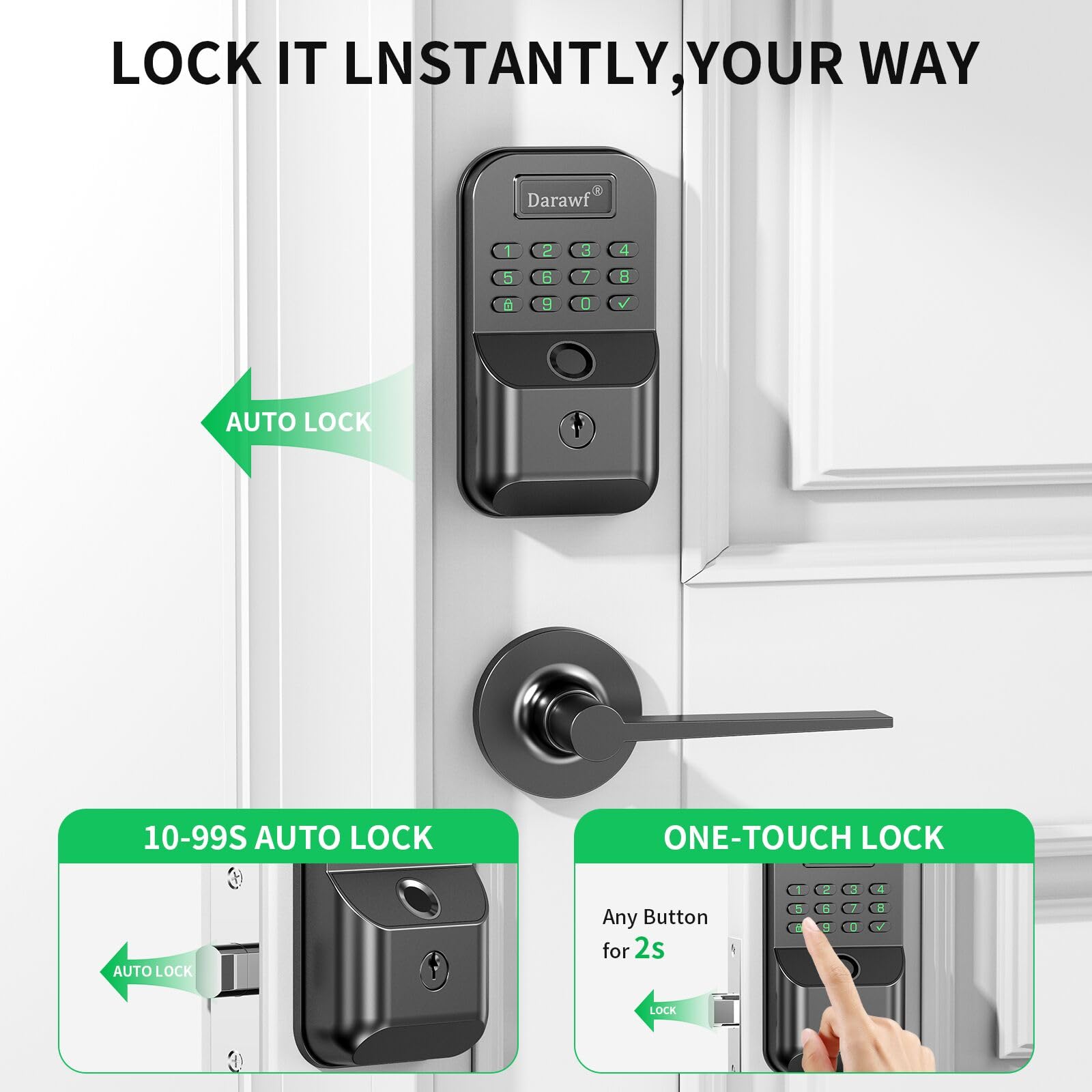 Darawf lock with traditional key option for backup entry.