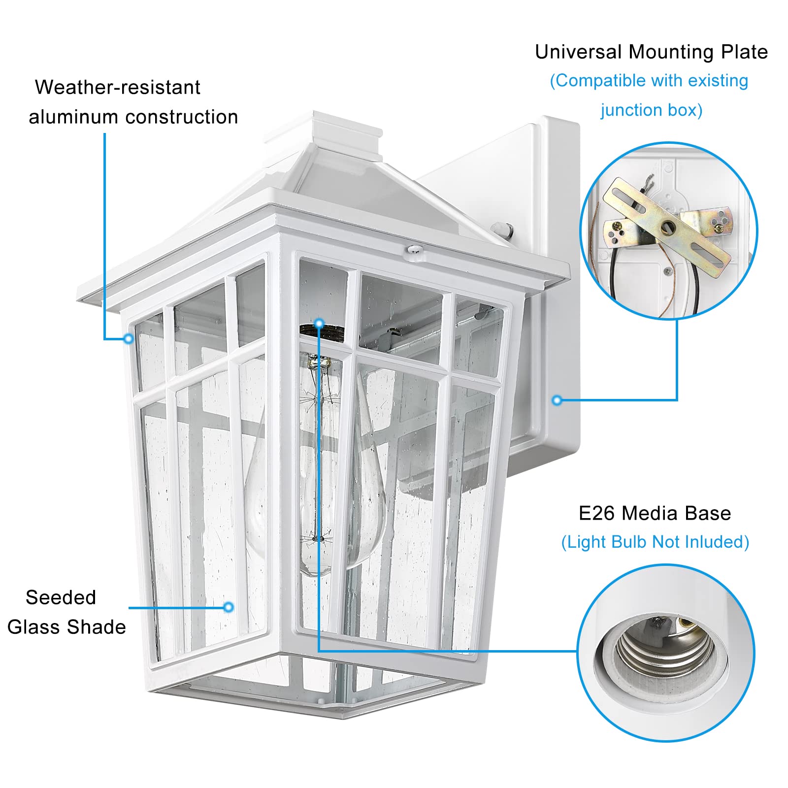 Retro-style exterior light with white metal frame enhances curb appeal