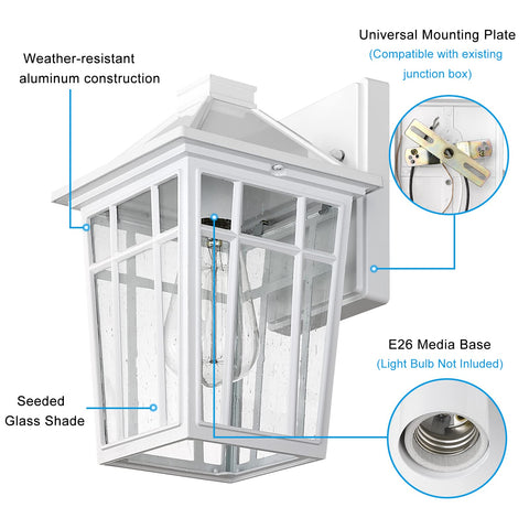 Retro-style exterior light with white metal frame enhances curb appeal