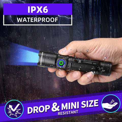 DarkBEAM 365nm UV flashlight highlights gel nail polish and amber glass fluorescence.