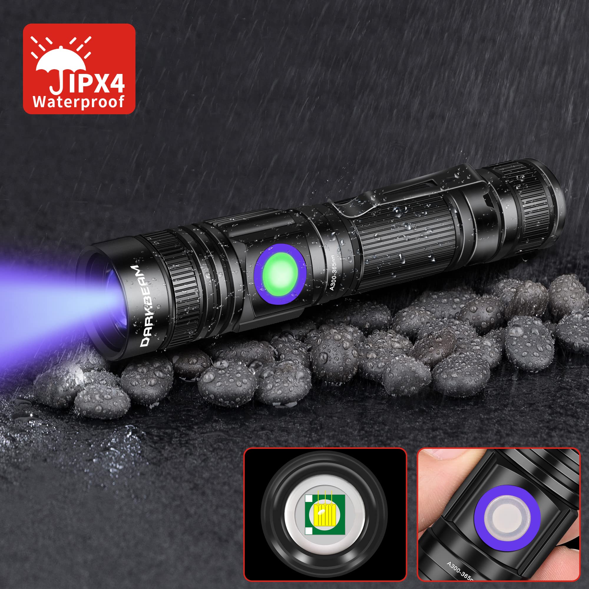 DARKBEAM IPX4 waterproof UV flashlight resists splashes.