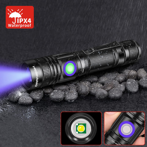 DARKBEAM IPX4 waterproof UV flashlight resists splashes.