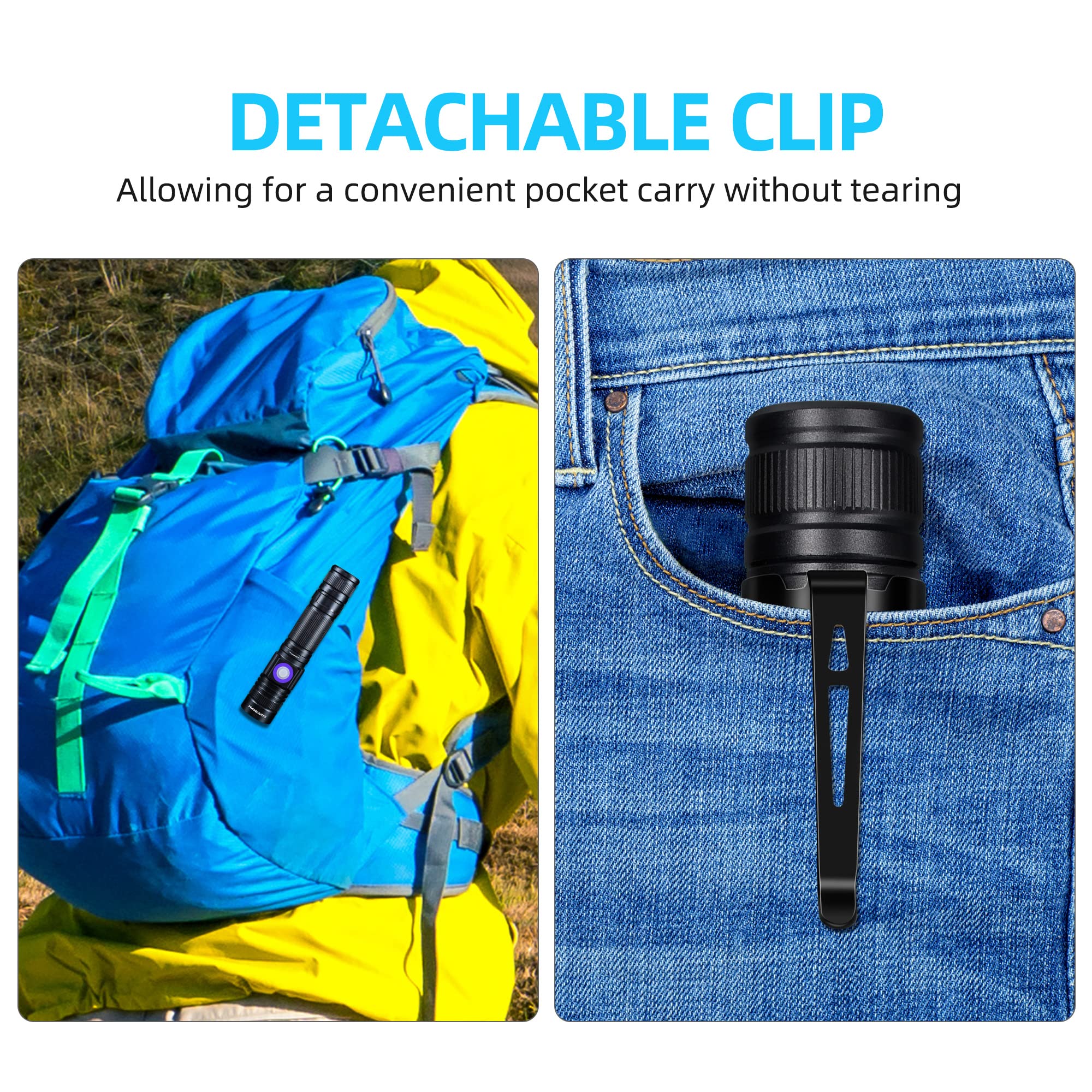 DARKBEAM mini pocket clip UV torch fits quickly into pockets.
