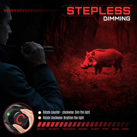DARKBEAM red light flashlight beam-spot setting illustrates long-distance visibility.