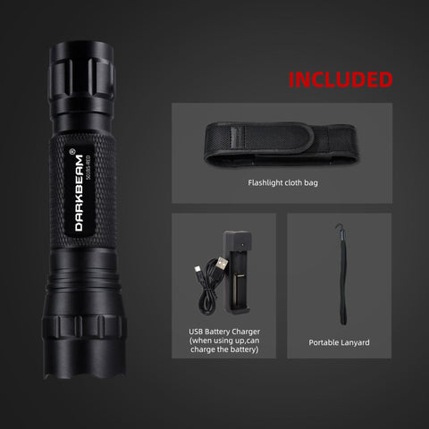 DARKBEAM red light flashlight rechargeable battery with long-life power indicator.