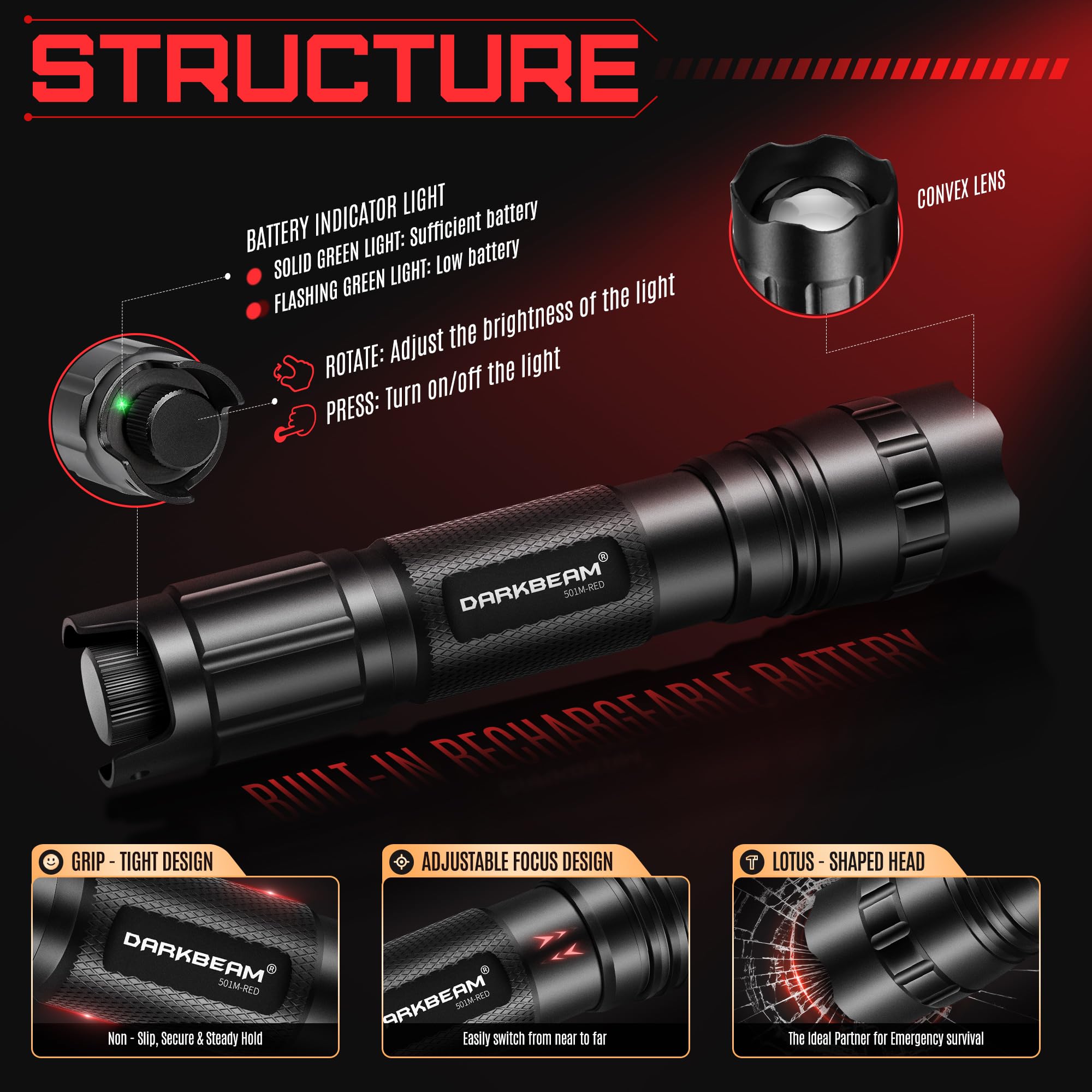 DARKBEAM red light flashlight side tilt shows compact design for handheld use.