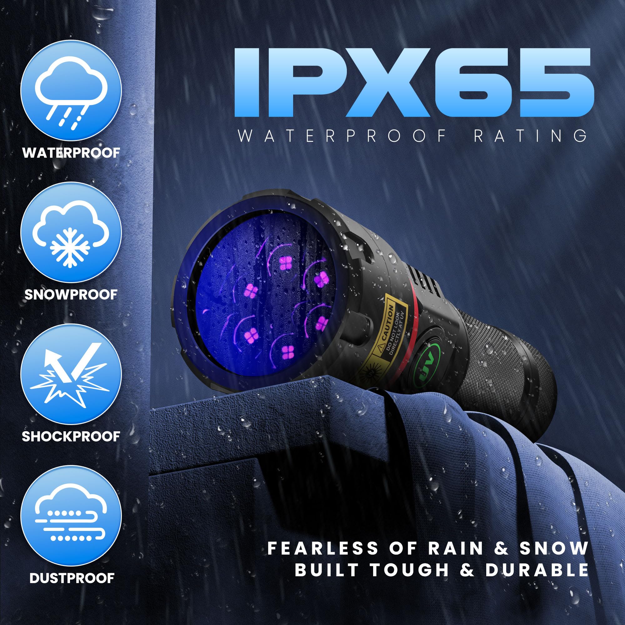 DARKBEAM UV flashlight IPX65 waterproof casing for rugged outdoor use
