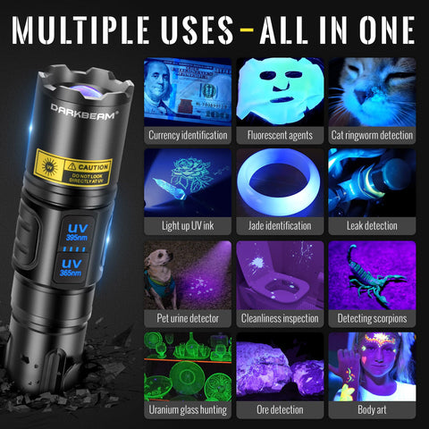 Darkbeam adjustable focus head enables wide flood or long-range beam.