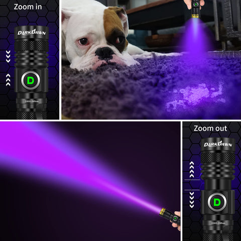 DARKDAWN UV Flashlight beam zoom for precise inspection from wide to narrow.