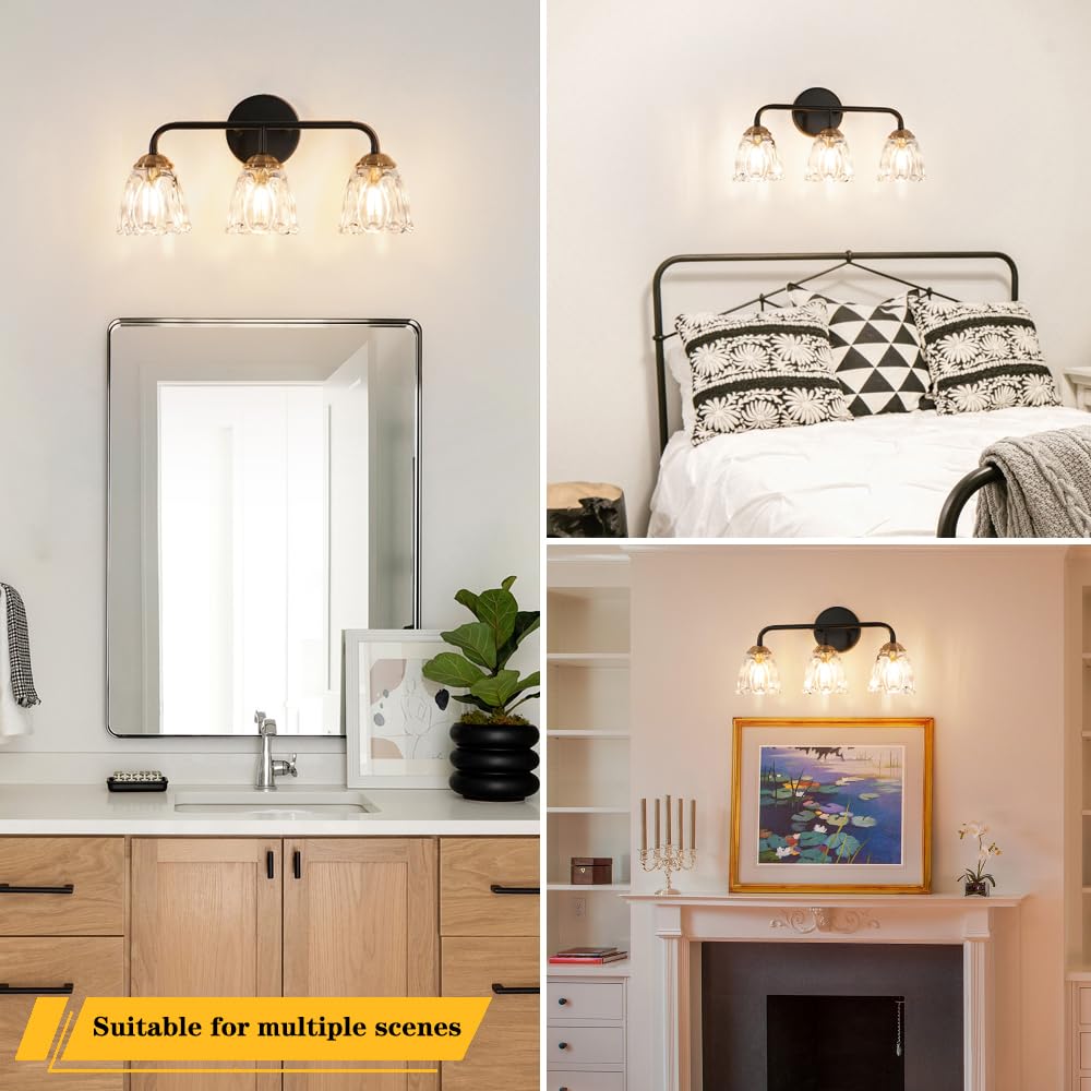 Daunton brushed brass bathroom light featuring clear glass shades for warm illumination