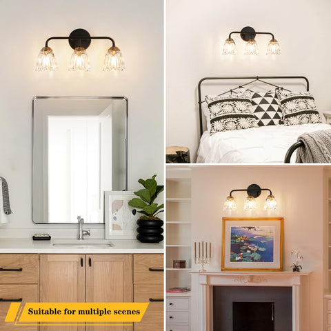 Daunton brushed brass bathroom light featuring clear glass shades for warm illumination