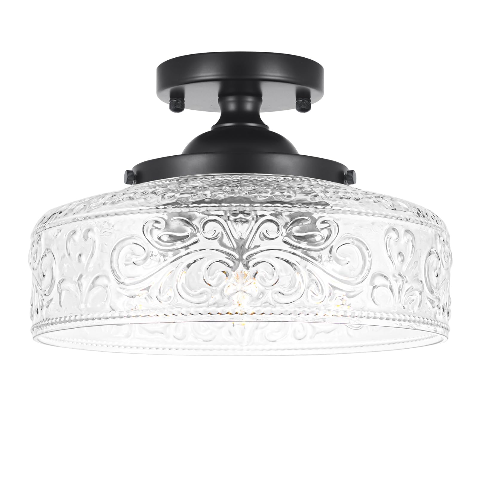 Daunton semi flush mount with three clear glass shades and vintage matte black finish.