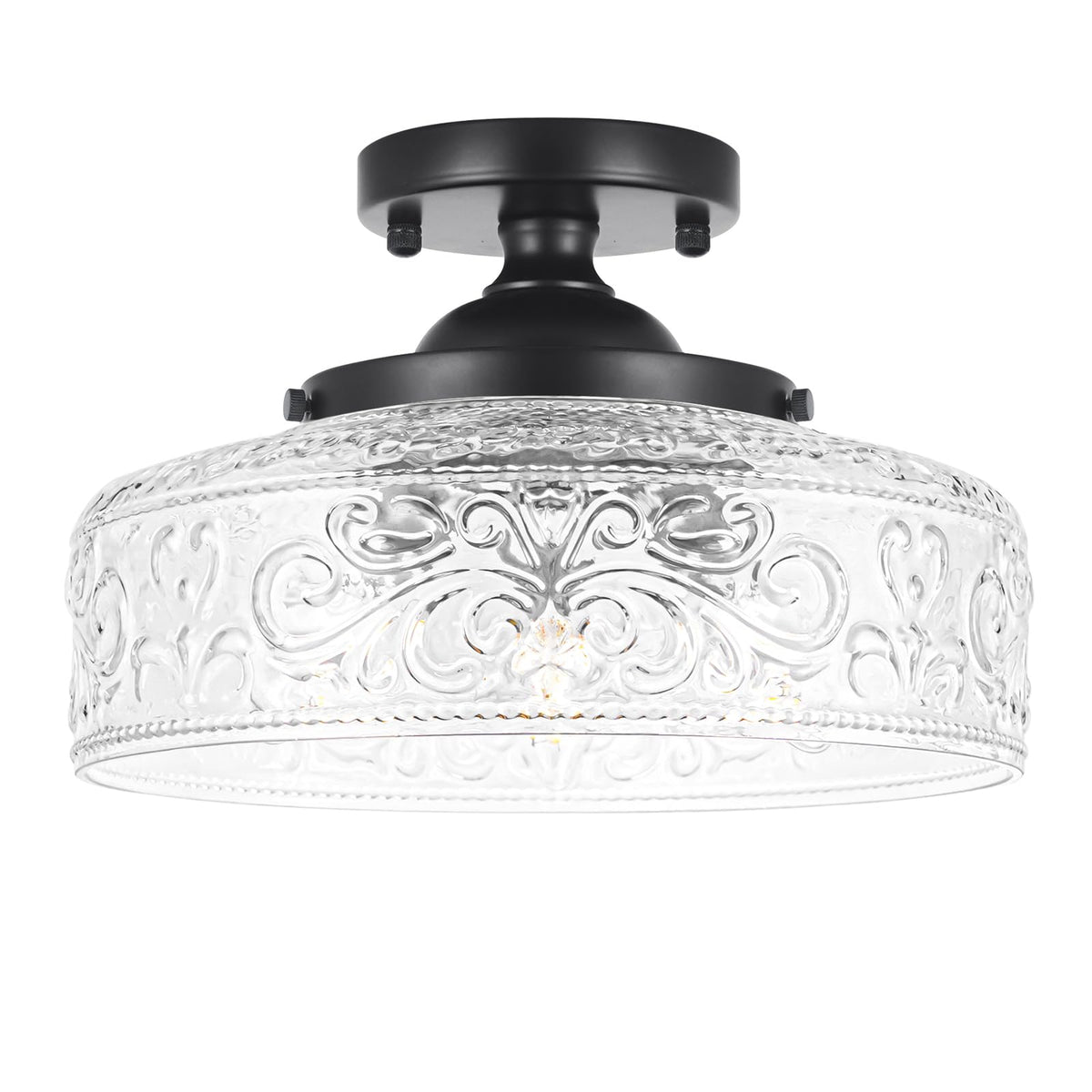 Daunton semi flush mount with three clear glass shades and vintage matte black finish.