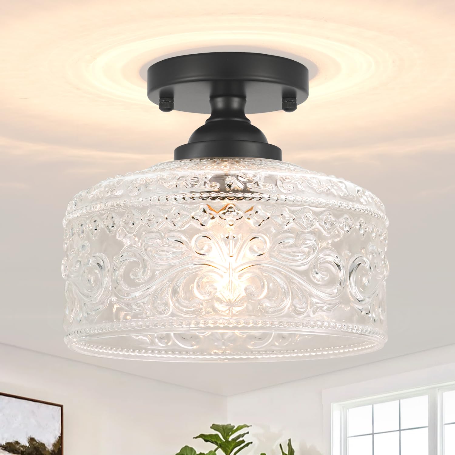 Daunton small semi-flush mount with glass shade for warm hallway ambience.