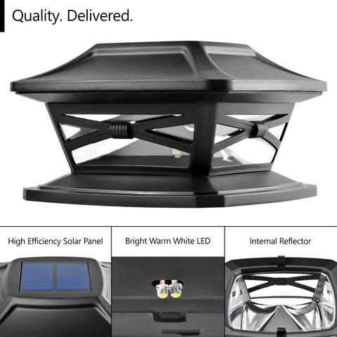 Davinci Flexfit solar post cap on a 5x5 wooden post with dusk-to-night lighting