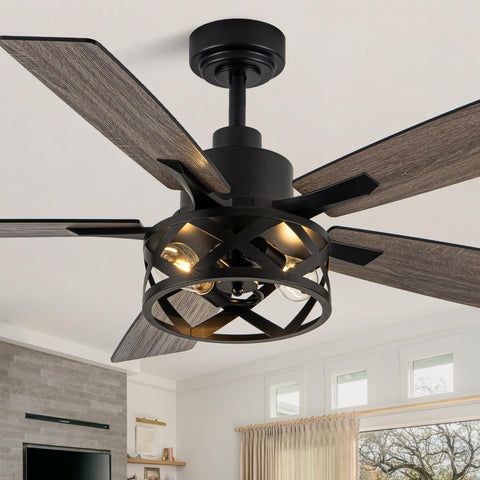 Dawn Whisper 52-inch fan with caged shade enhances rustic-industrial spaces