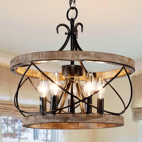 Dawn Whisper wood drum chandelier over dining table with rustic warmth