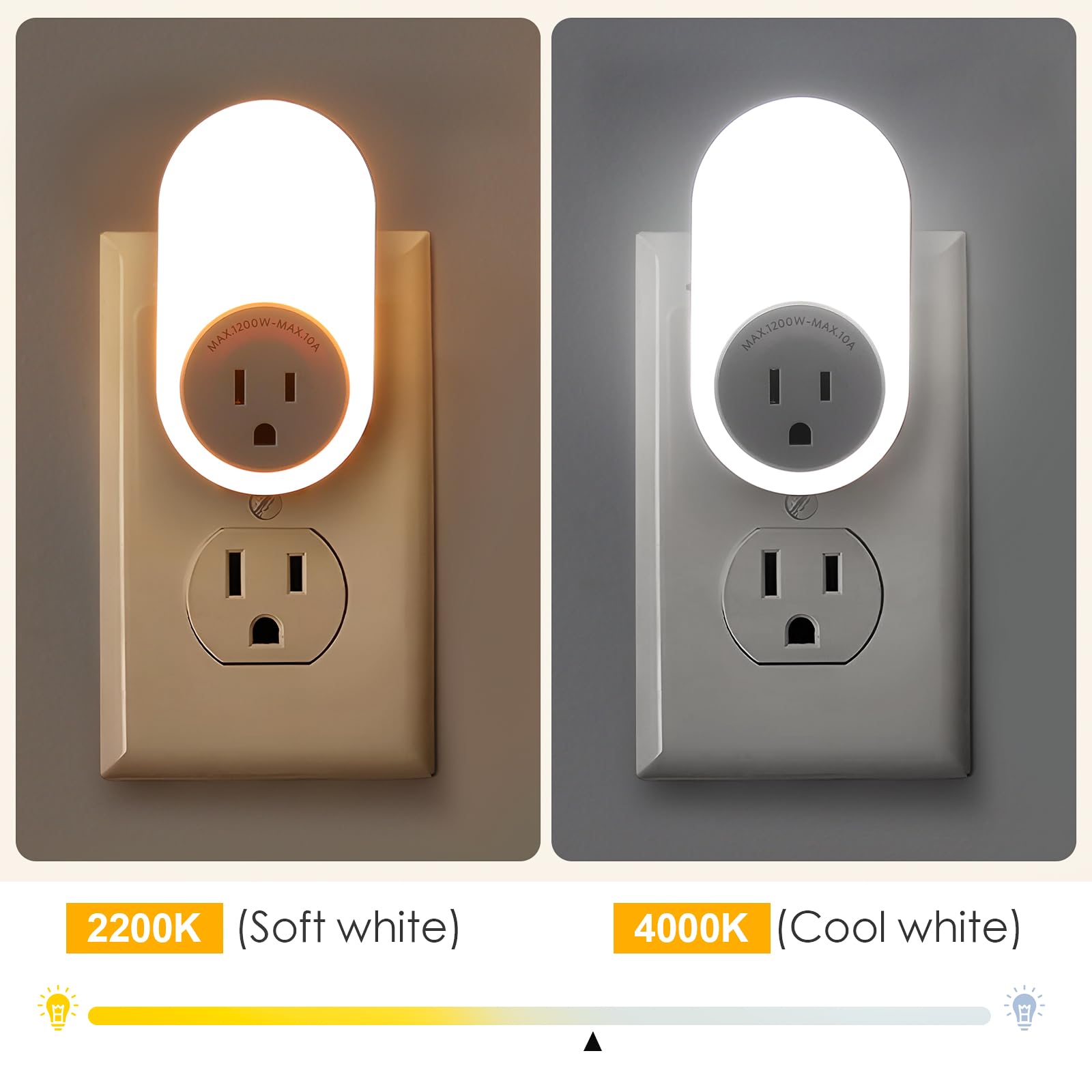 Dawnrise plug‑n‑play night light design that does not block the adjacent outlet.