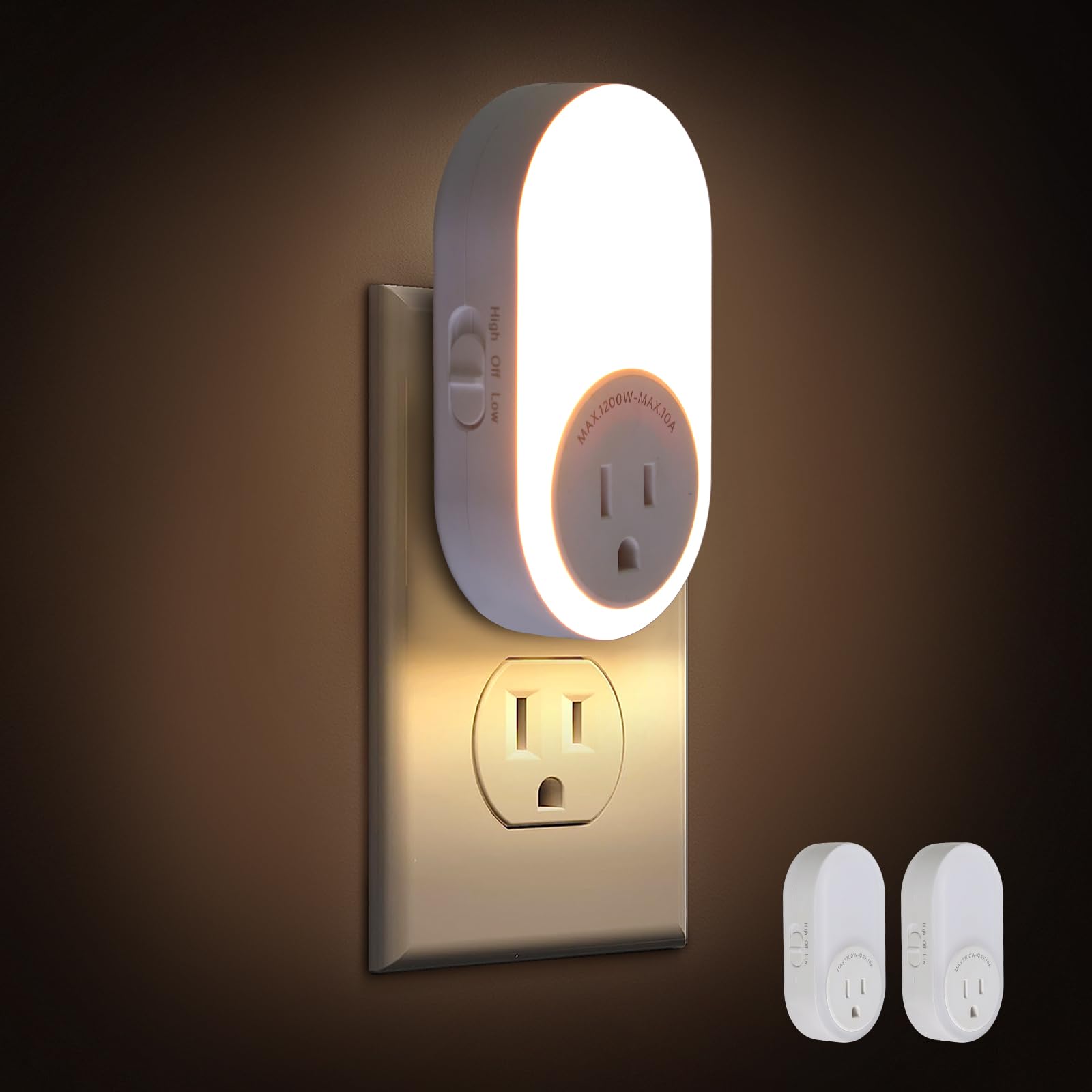 Dawnrise night light plugged into wall outlet with amber 2200K glow for warm bedroom ambience.