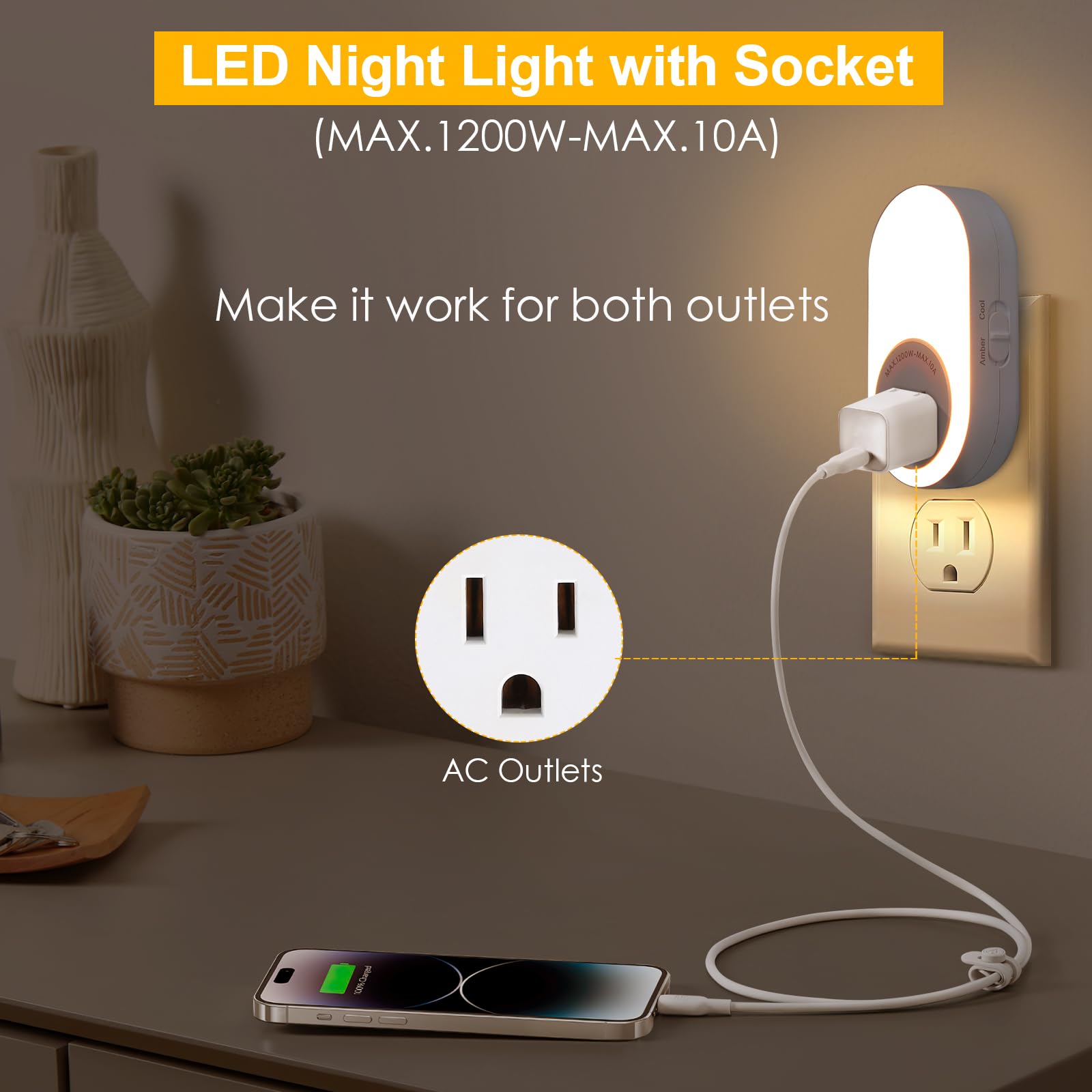 Dawnrise night light at wall outlet emitting cool white 4000K for bright task lighting.