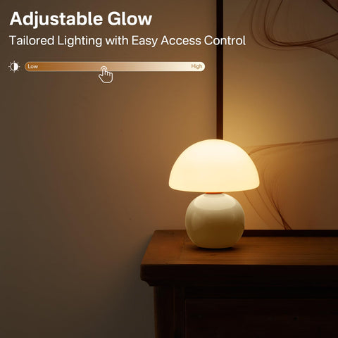 Dawnwake mushroom lamp bedside setup with warm, even illumination