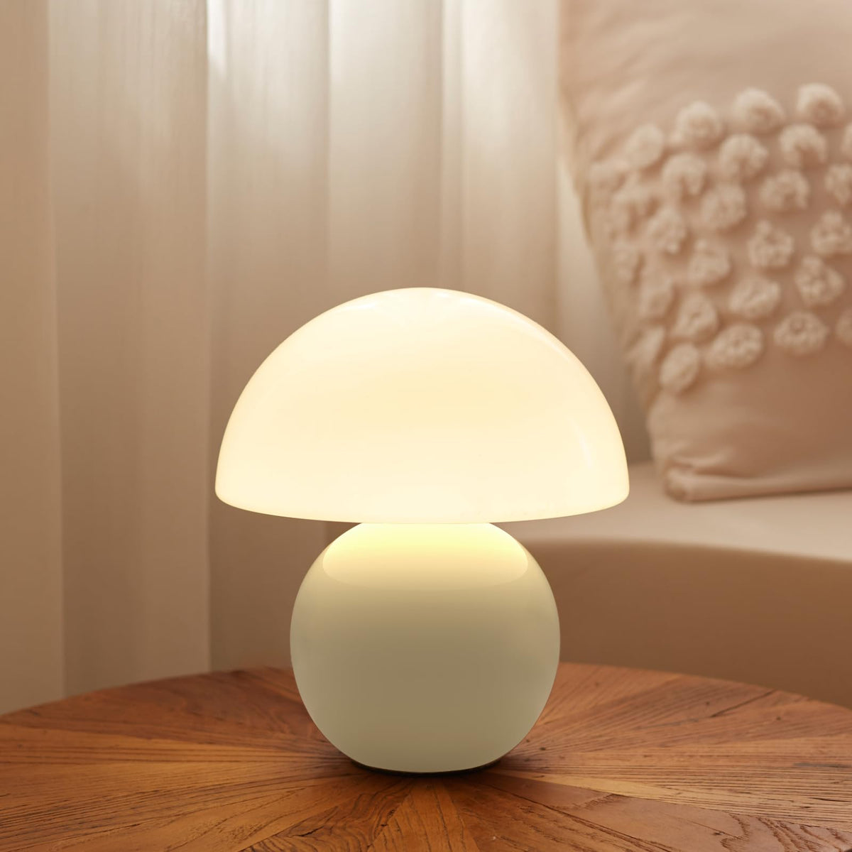 Dawnwake mushroom lamp close-up showing handcrafted glass shade and ceramic base