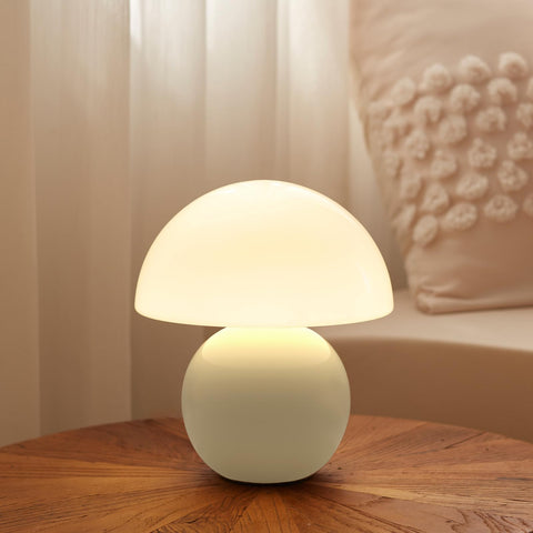 Dawnwake mushroom lamp close-up showing handcrafted glass shade and ceramic base