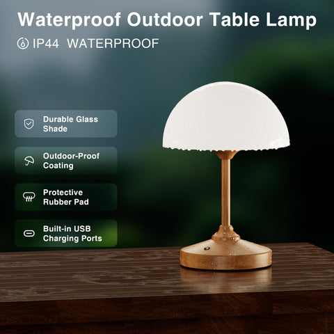 Dawnwake Mushroom Lamp rechargeable-battery image shows long-lasting power with USB-C charging.