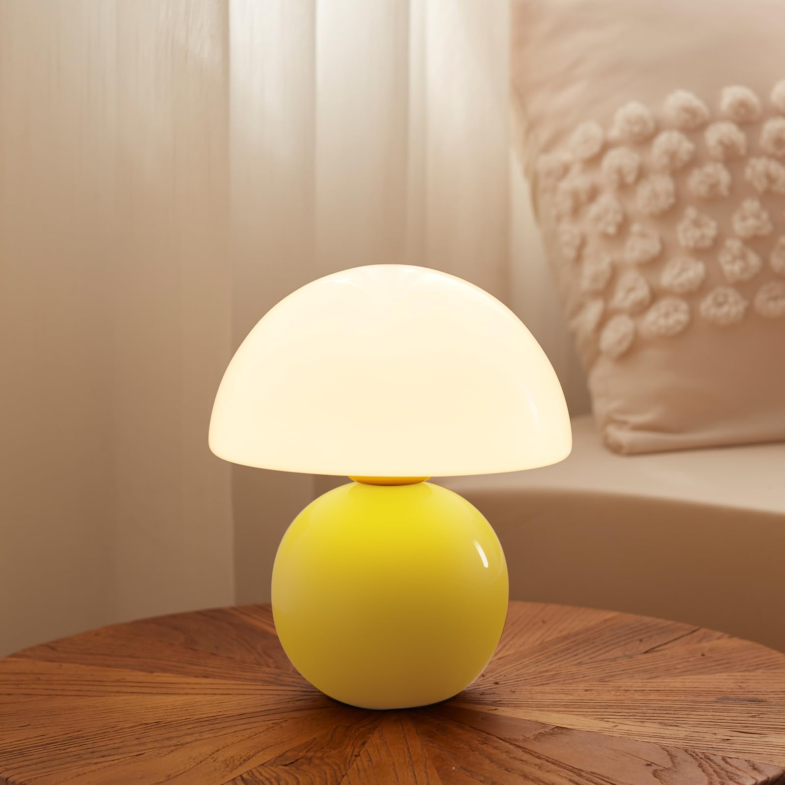 Dawnwake mushroom lamp shade close-up showcasing glass artistry for warm ambiance.