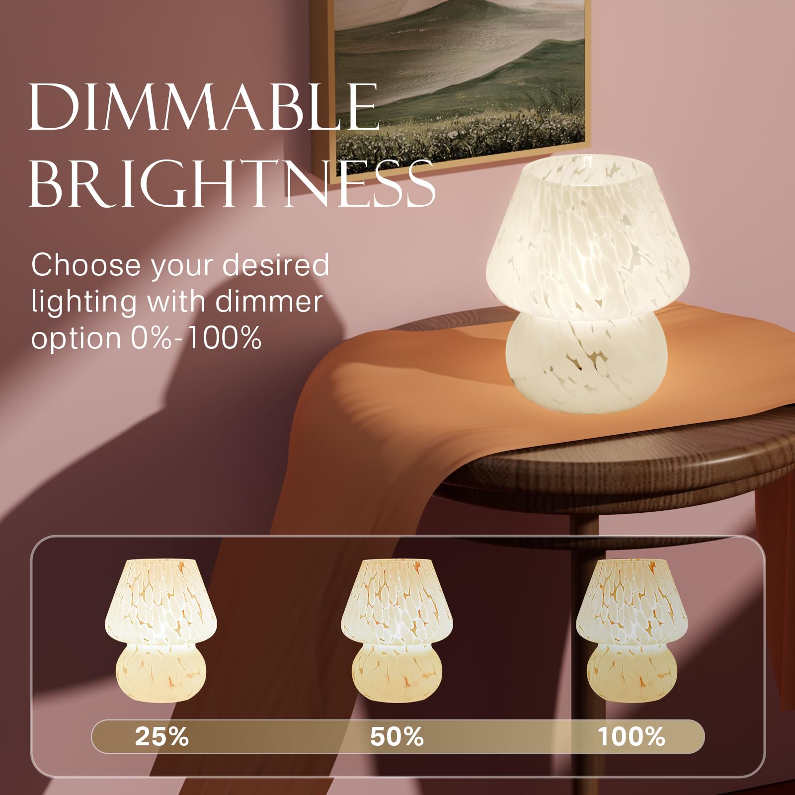 Dawnwake dimmable mushroom lamp enables stepless brightness for reading and relaxing.
