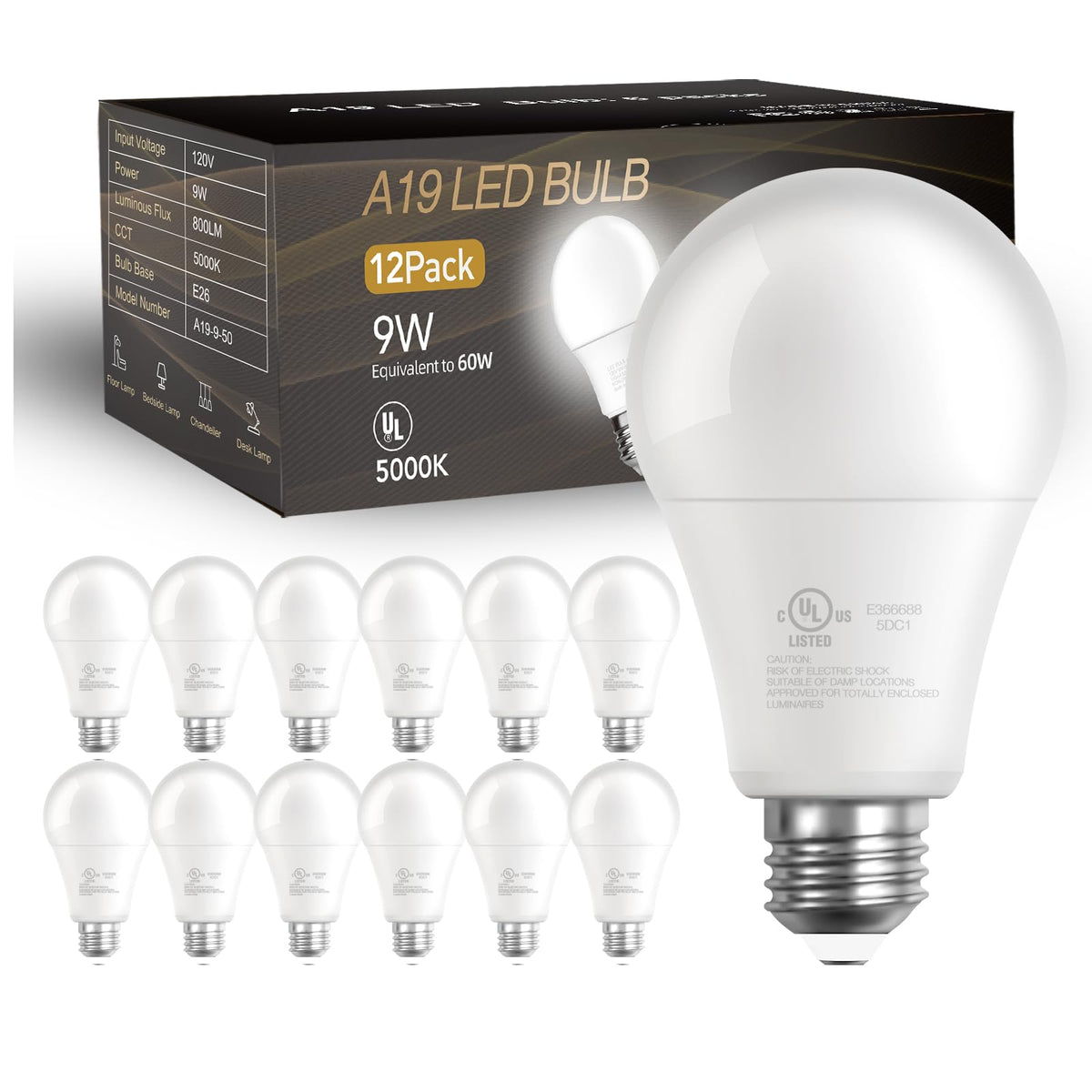 DAYBETTER 12-pack A19 bulbs packaging for easy lighting upgrade.