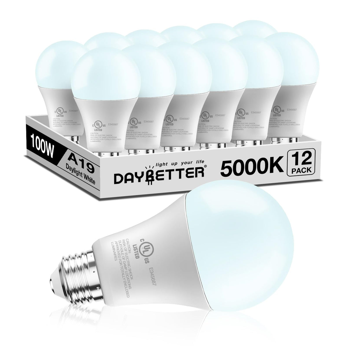 DAYBETTER A19 LED bulbs 5000K daylight on pack front offer long-lasting lighting