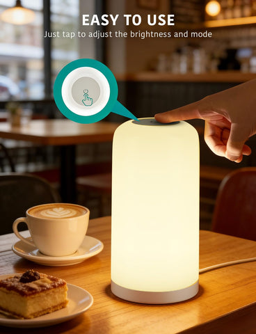 DAYBETTER BGRIC lamp on a nightstand provides ambient lighting for reading