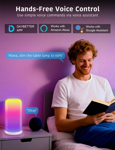 DAYBETTER BGRIC lamp demonstrating voice control with Alexa and Google Assistant