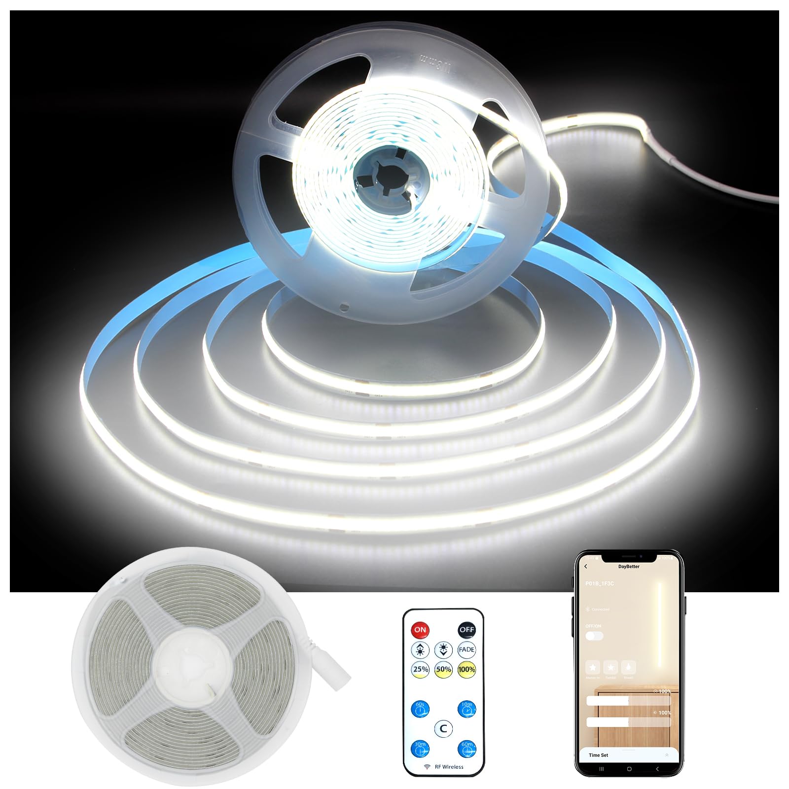 DAYBETTER COB LED strip with remote control for quick room lighting adjustments