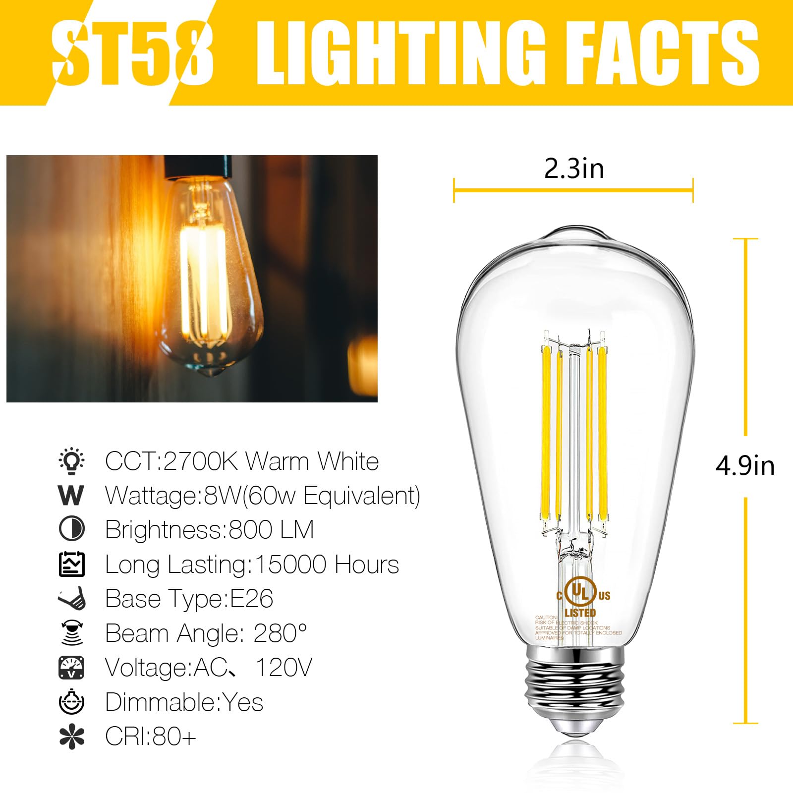 DAYBETTER Edison bulb in warm 2700K creates cozy lighting for living spaces.