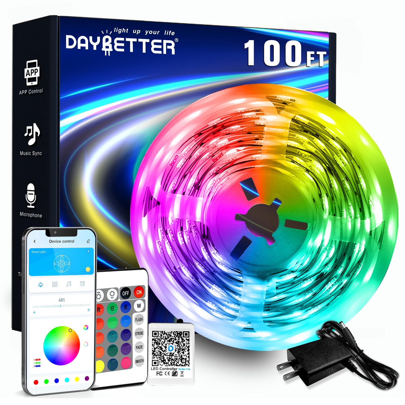DAYBETTER LED strip 100ft with remote control for vibrant room lighting
